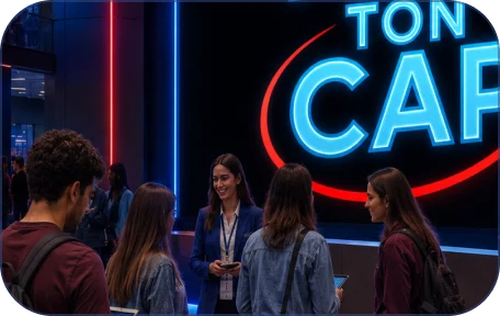 Accueil du salon Fixe Ton Cap avec grand logo lumineux et espace information